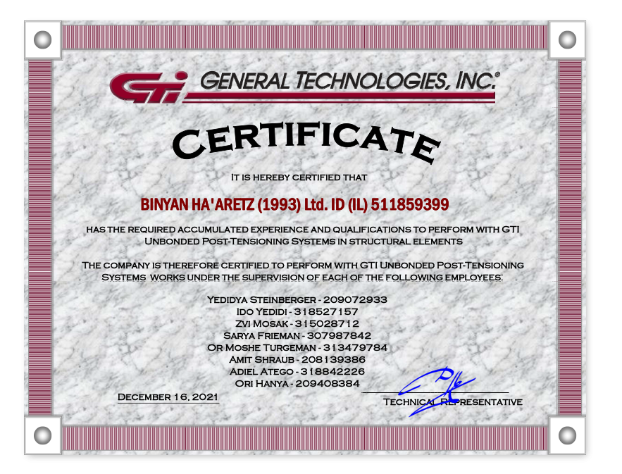 GTI Post-Tensioning Systems Certificate